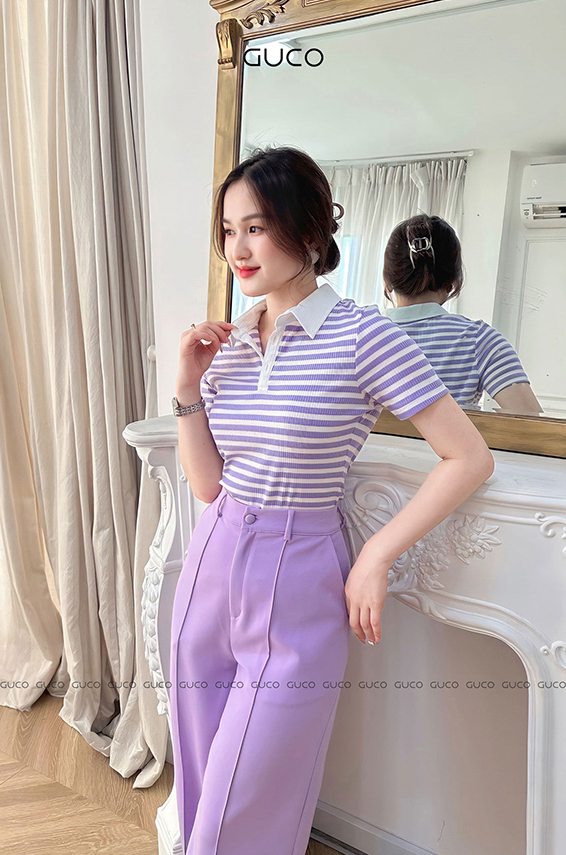 Áo thun sọc tím phối cổ trắng A327 -  Sọc tím