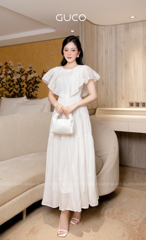 Đầm xòe cổ tròn tay bèo 4038 -  Trắng