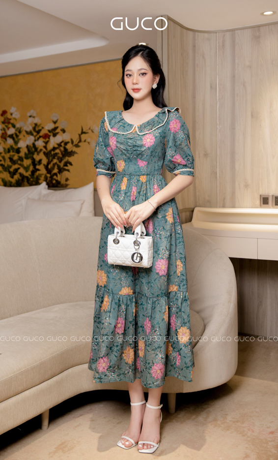 Đầm xòe hoa cổ sen phối ren trắng 4061 -  Hoa xanh