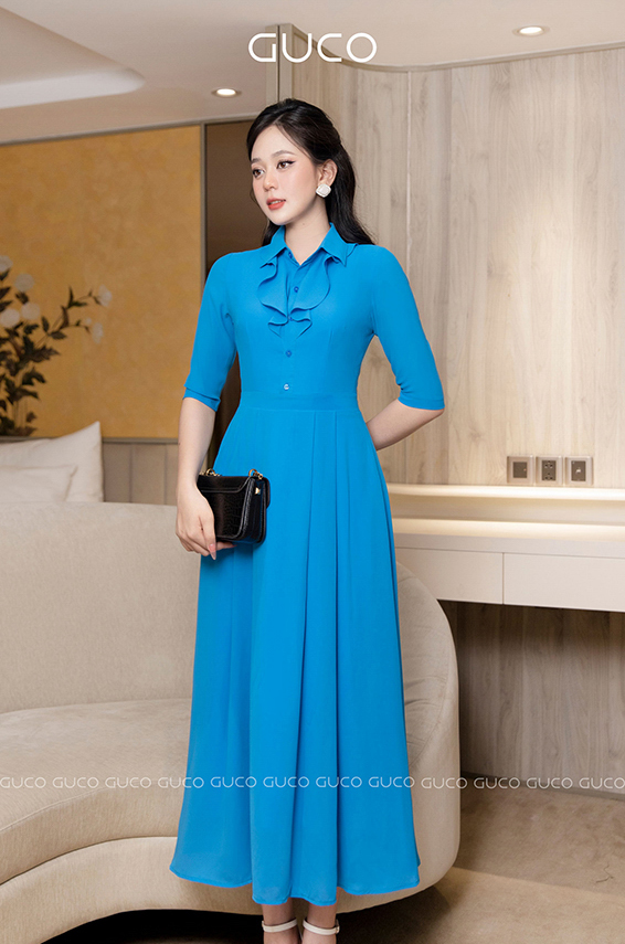 Đầm xòe cổ sơ mi Vintage 4074 -  Xanh