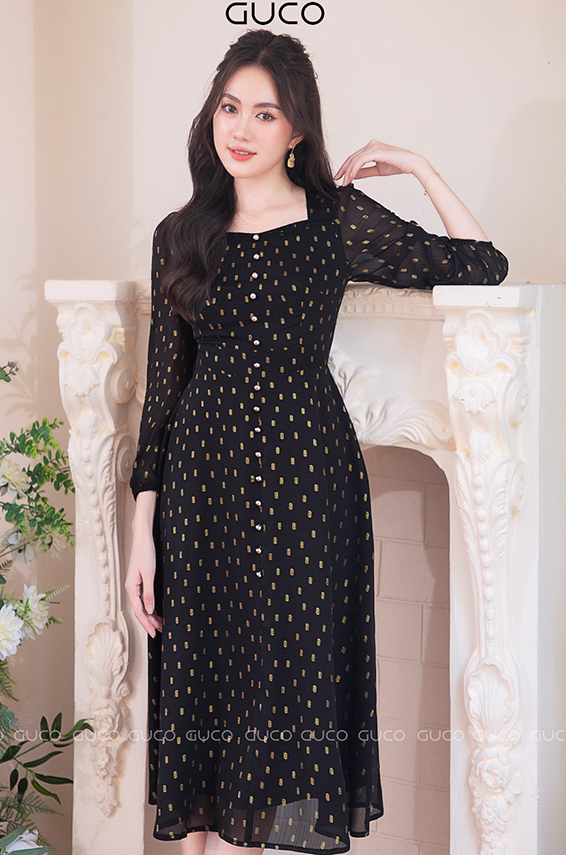 Đầm Xòe Bi Kim Sa Tay Dài 4070 -  Đen