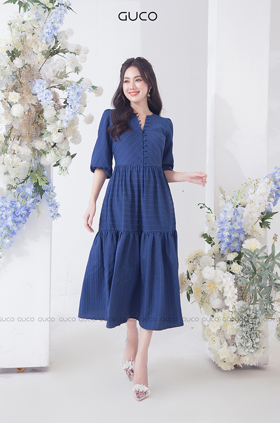 Đầm xòe cổ tròn tay lỡ cài nút bọc 4057 -  Xanh 