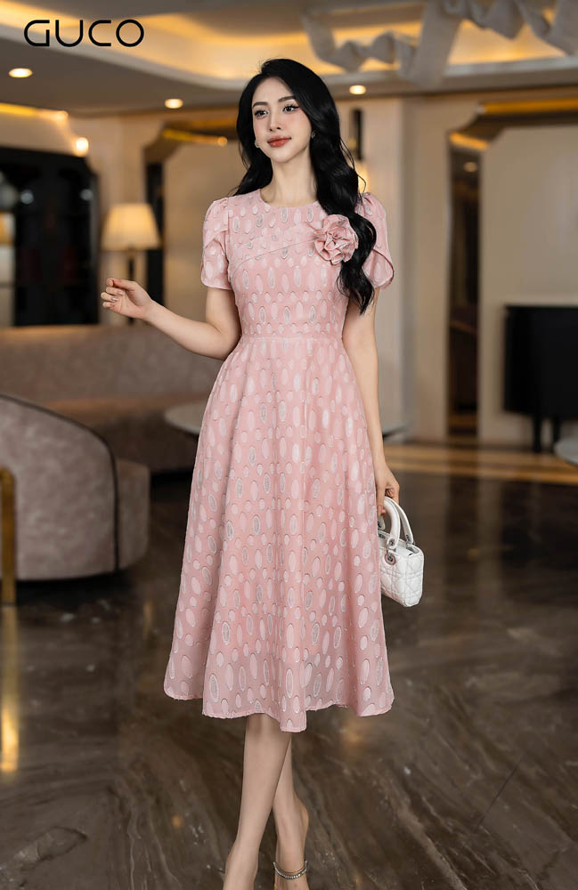 Đầm Xoè Tơ Ép Kết Hoa - Hồng D10048