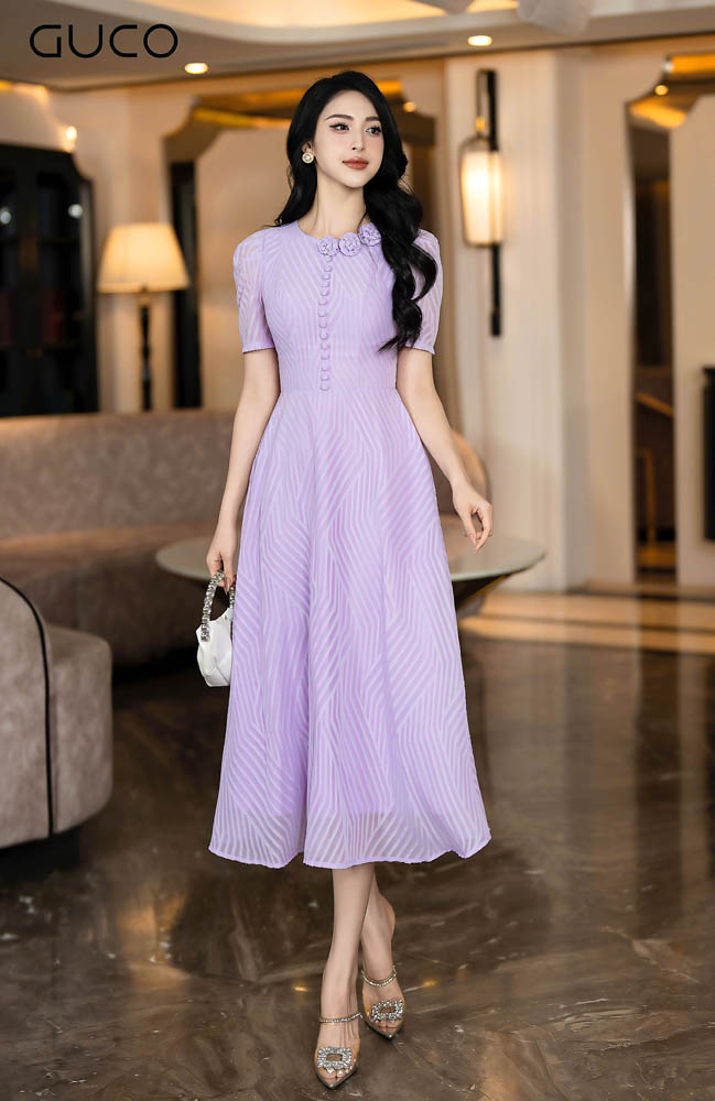 Đầm Xoè Tơ Sọc 3 Hoa Nhí - Tím D10053