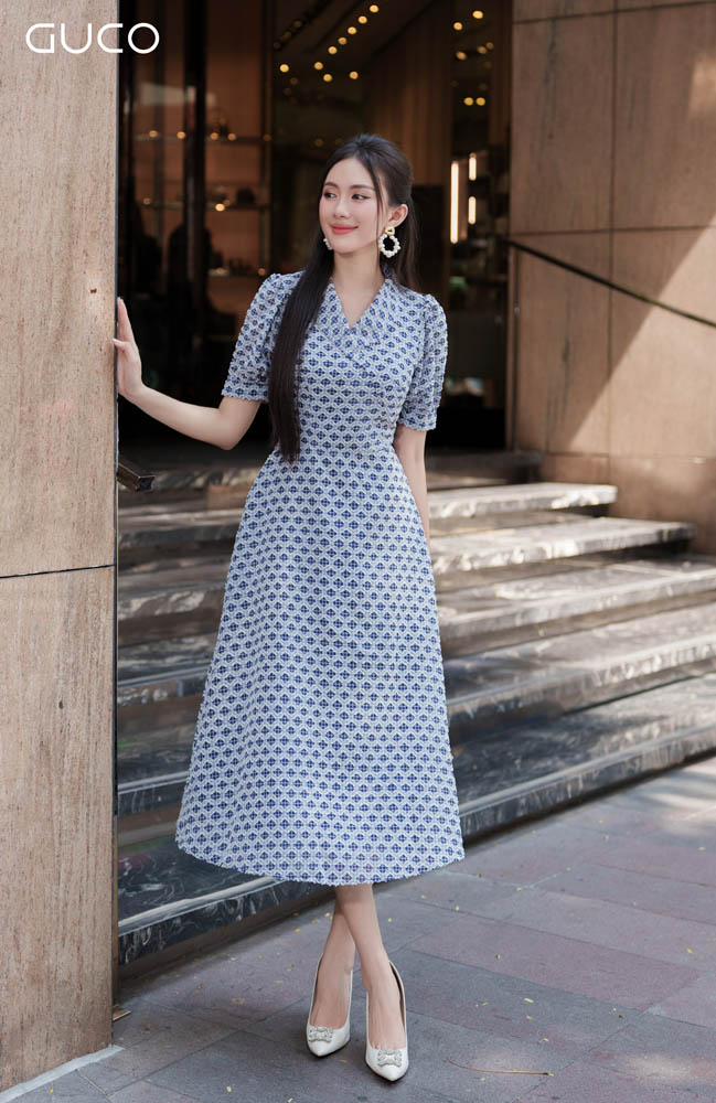 Đầm Xoè Cổ Sen Voan Thêu Nổi - Xanh 4416
