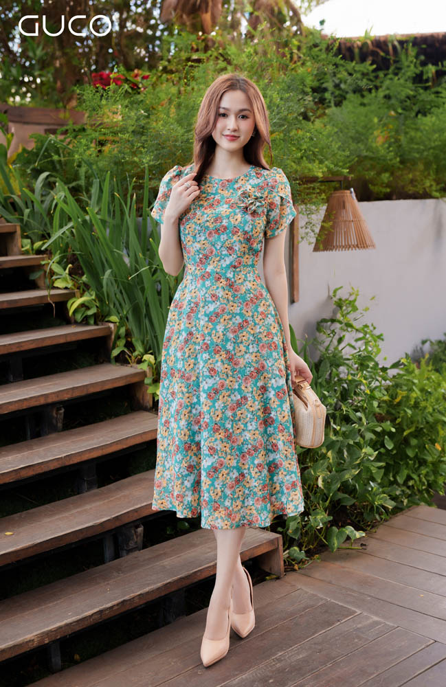 Đầm Xòe Hoa Nhí Kết Hoa - Xanh 4407