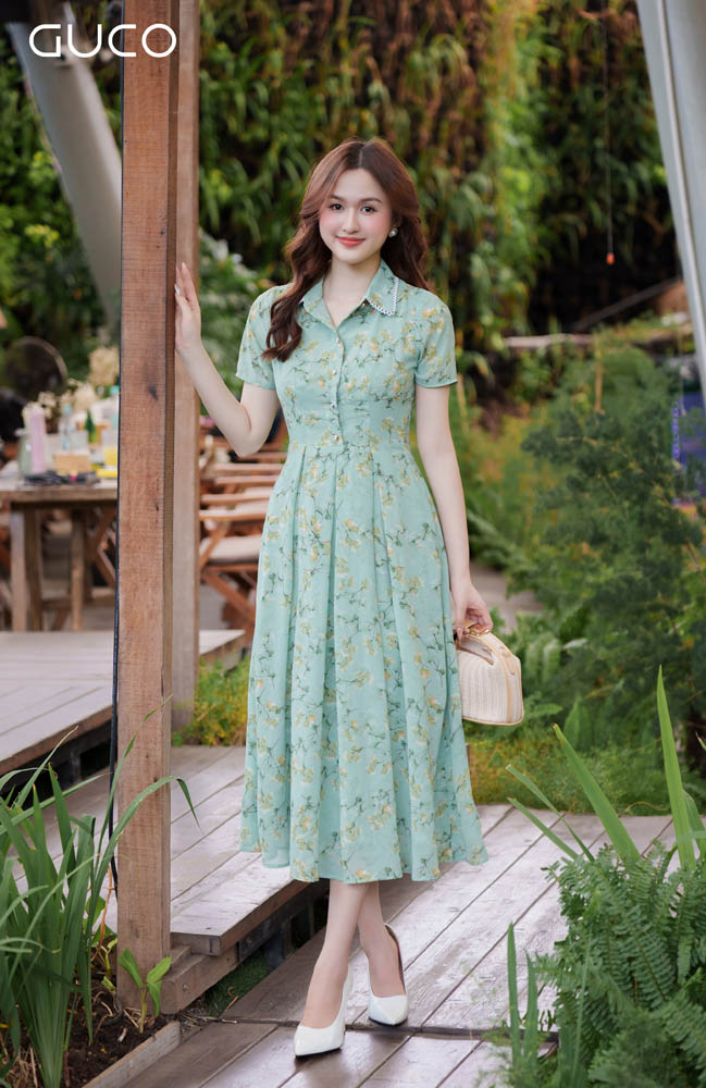 Đầm Xòe Hoa Nhí Cổ Sơ Mi - Xanh 4410X