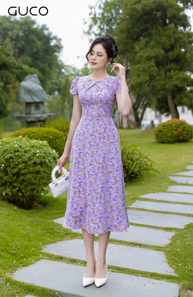 Đầm Xòe Hoa Nhí Vàng - Tím 4417T