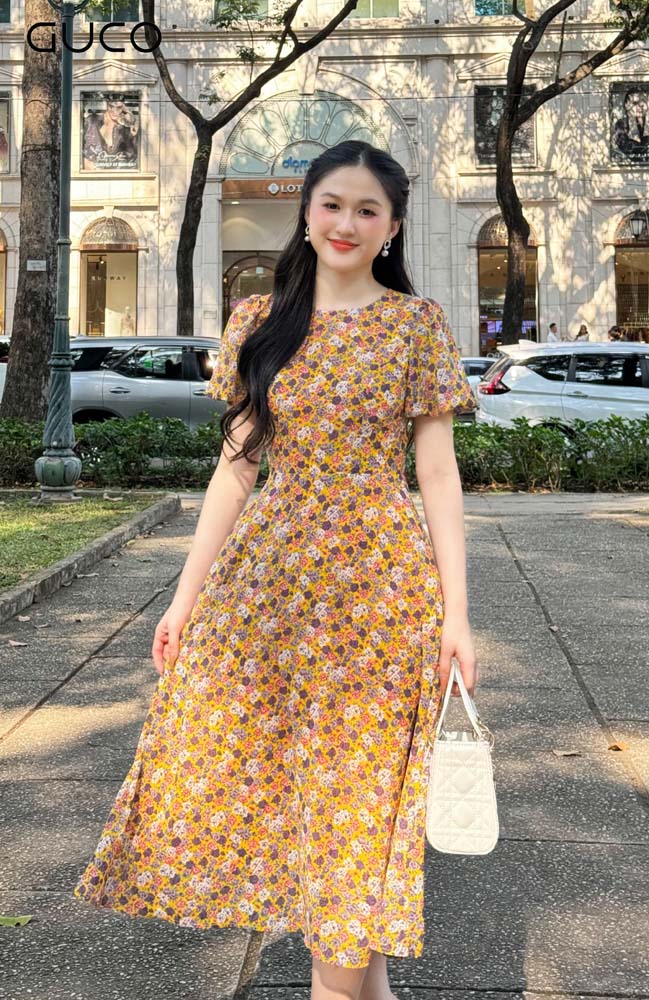 Đầm Xòe Hoa Nhí Tay Bí - Vàng 4445