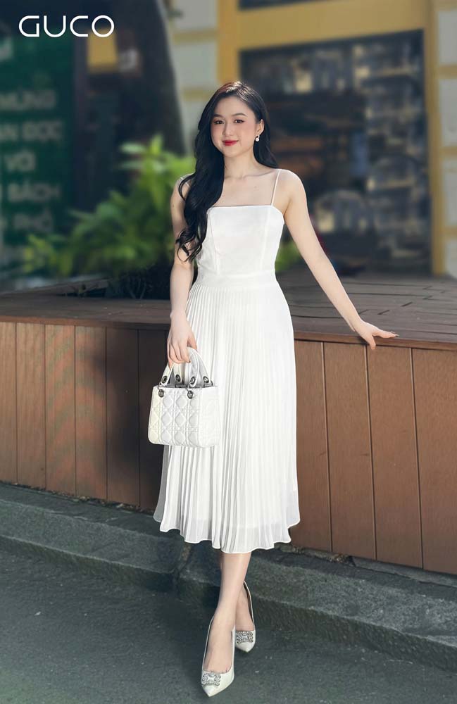 Đầm Xòe Midi 2 Dây Dập Ly - Trắng 4424T