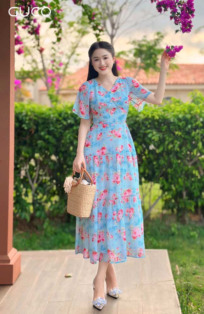 Đầm Maxi Nhúng Hoa Hồng - Xanh 4475