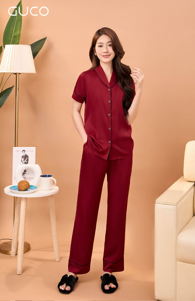 Bộ Pijama Lụa Tay Ngắn Thêu Tay - Đỏ 4743