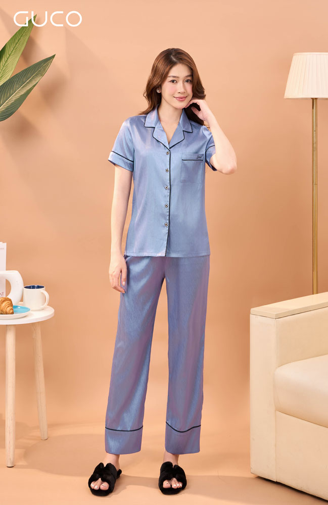 Bộ Pijama Lụa Tay Ngắn Thêu Túi - Xanh 4735