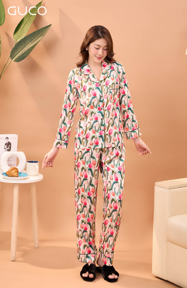 Bộ Pijama Lụa Tay Dài Hoa Tulip - Hồng 4741